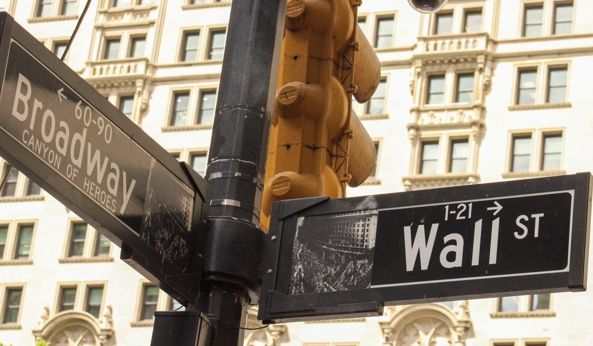 Broadway and Wall Street street sign